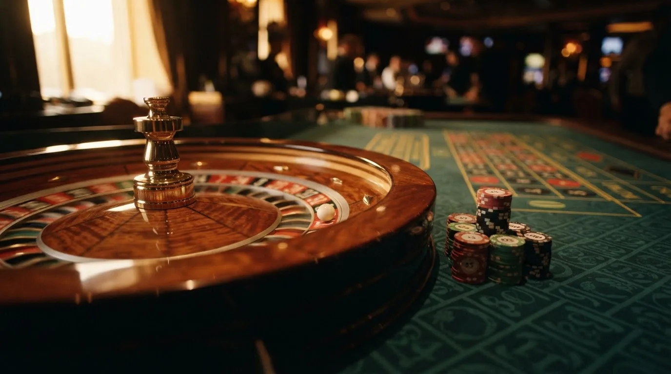 Rulettipyörä ja pelimerkit vihreällä huovalla lämpimässä iltavalossa — casino ventti