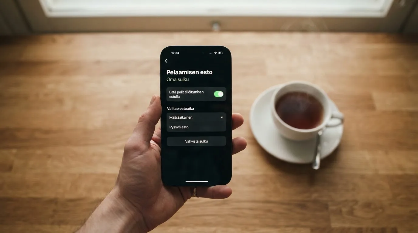 Käsi pitää puhelinta teekupin vieressä keittiön pöydän ääressä rauhallisena iltana — kaikki verovapaat nettikasinot