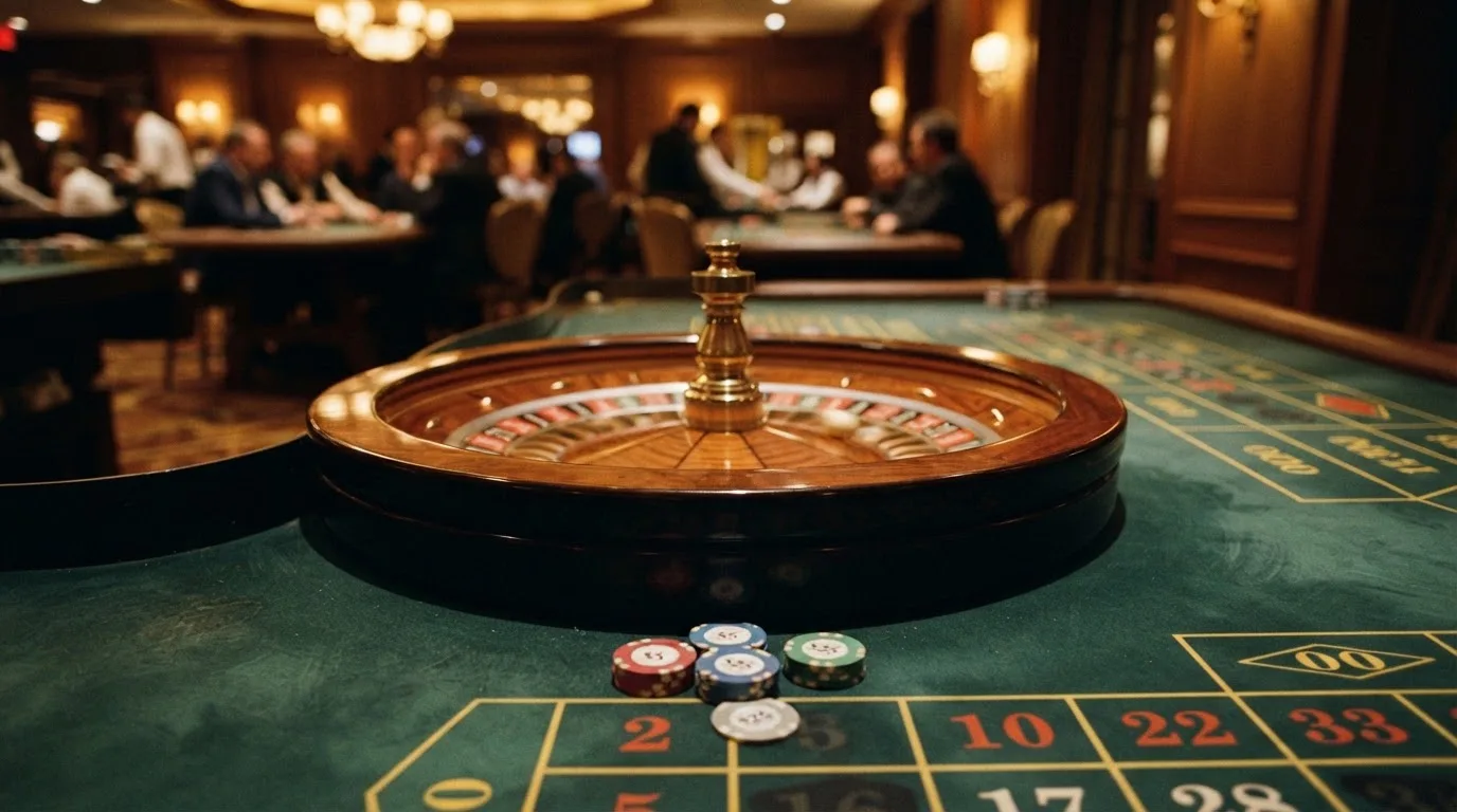 Rulettipyörä ja pelimerkit vihreällä huovalla lämpimässä iltavalossa — kolikkopelit casino pelit
