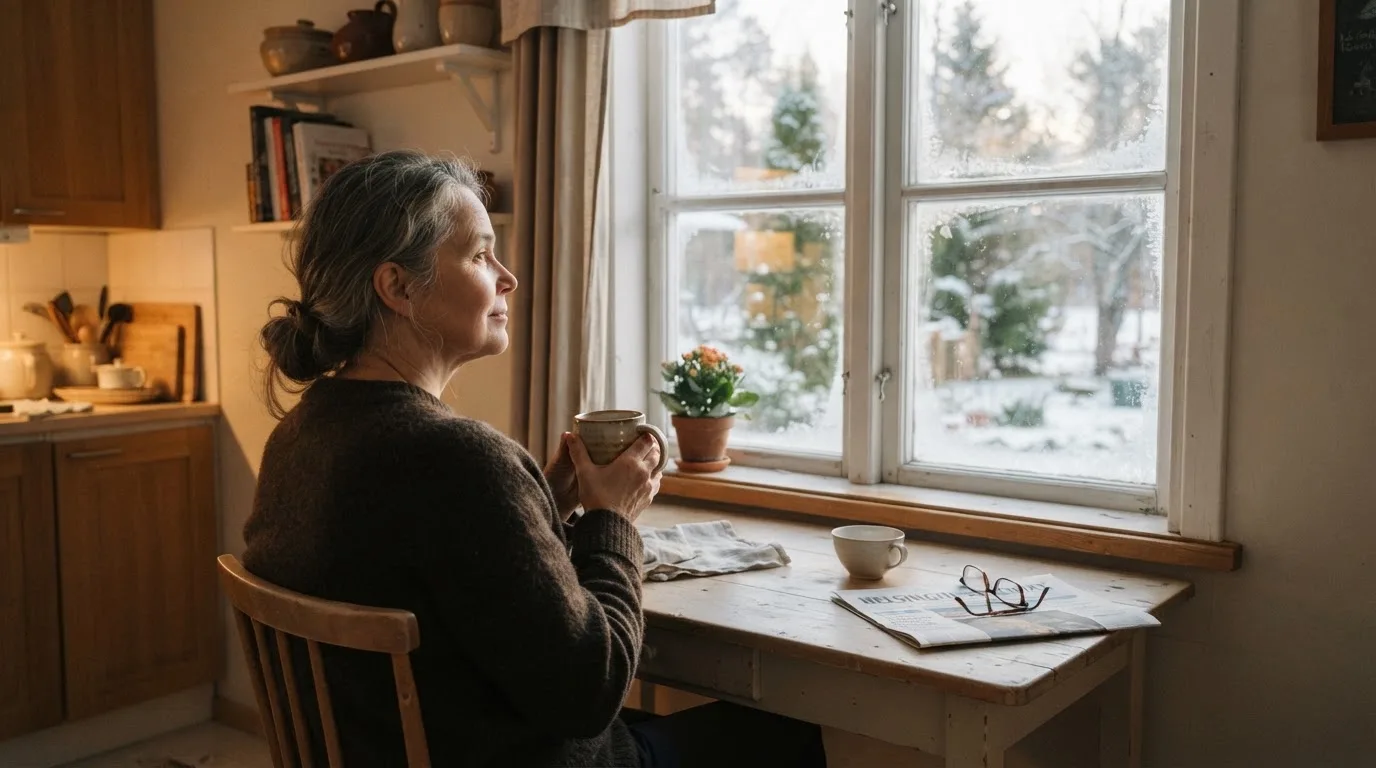 Henkilö istuu keittiön pöydän ääressä teekupin kanssa katsoen ulos ikkunasta rauhallisesti.