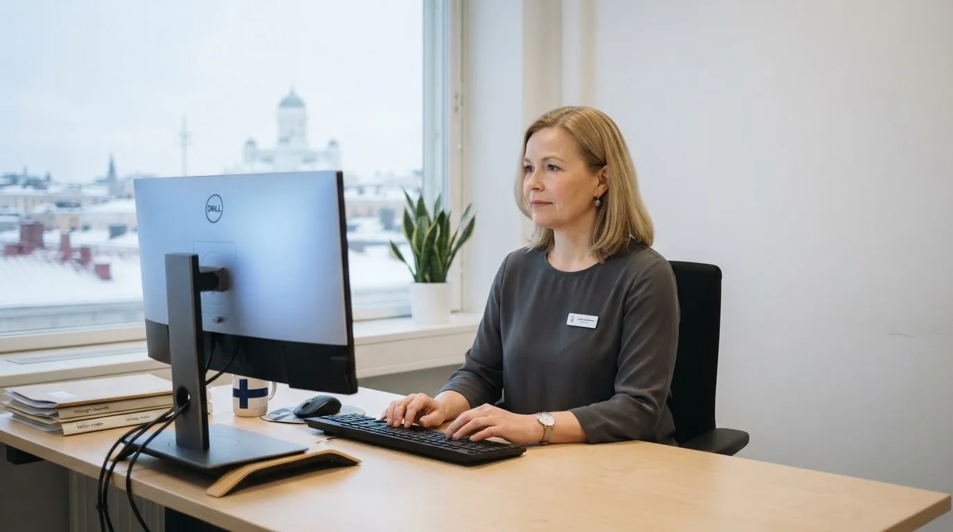 Virkailija istuu vaaleassa virastohuoneessa tietokoneen ääressä, ikkunasta näkyy talvinen kaupunkimaisema.