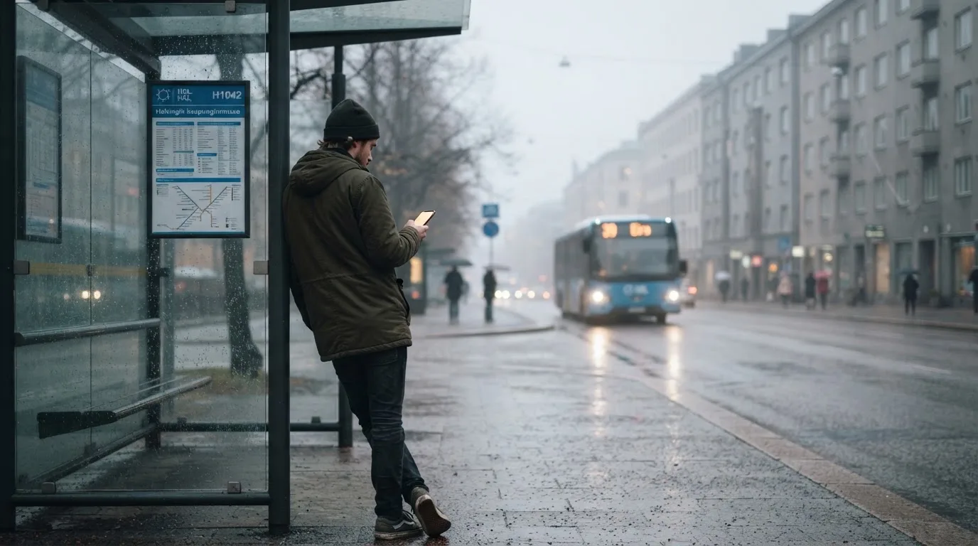 Nuori mies selaa älypuhelinta bussipysäkillä odottaessaan iltapäivällä, taustalla sumuinen katunäkymä.