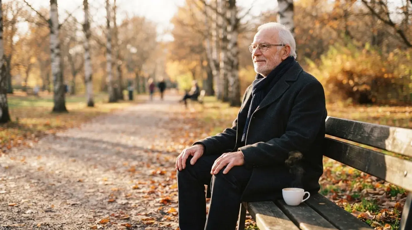 Vanhempi mies istuu puistonpenkillä syksyisessä valossa katsoen kaukaisuuteen, kahvikuppi vierellä.